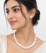 Baroque freshwater pearl necklace and earrings set, white irregular pearl shape, lustrous finish, stud.