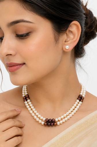 Double strand white and brown pearl necklace set with earrings 2-layer design, matching earrings, ethnic wear.