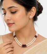 Double strand white and brown pearl necklace set with earrings 2-layer design, matching earrings, ethnic wear.