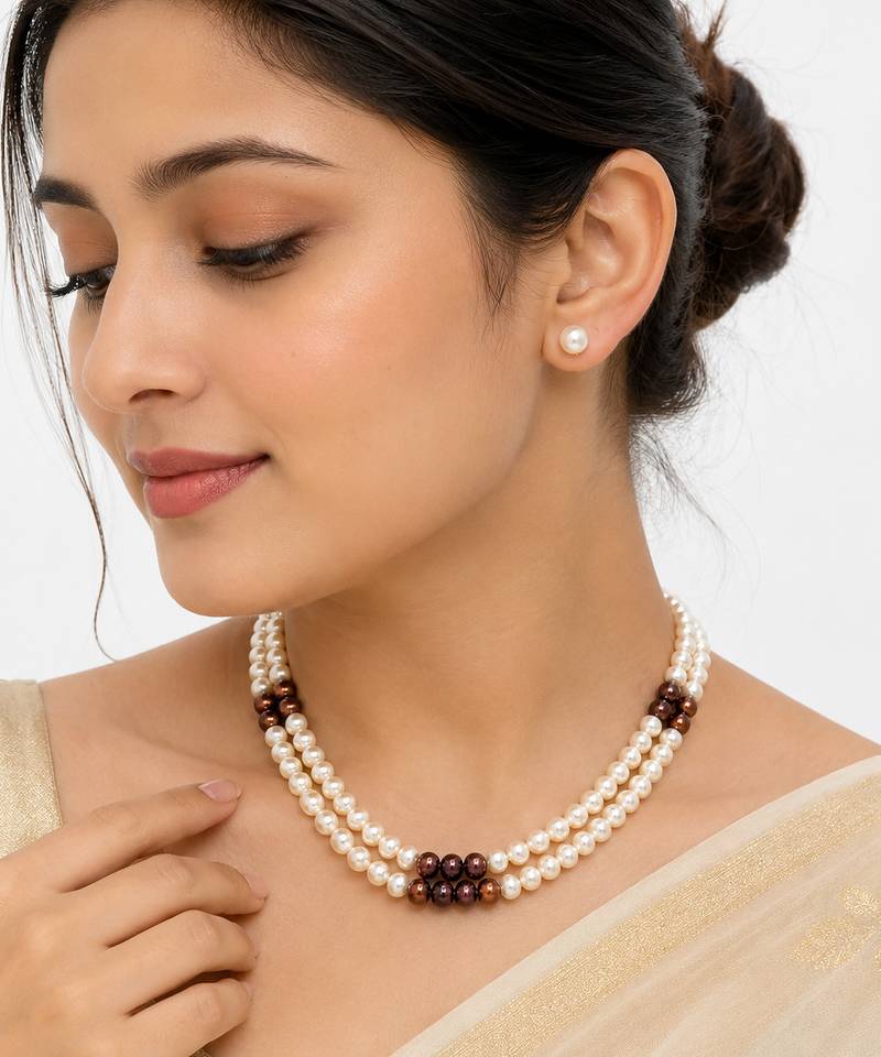 Double strand white and brown pearl necklace set with earrings 2-layer design, matching earrings, ethnic wear.