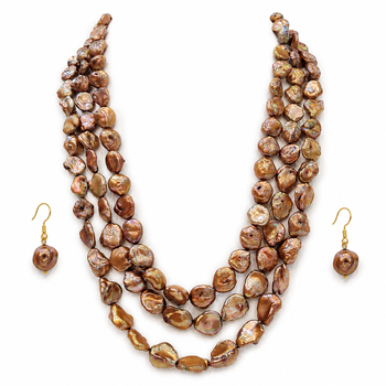 Brown baroque freshwater pearl 3-layer necklace and earring set keshi pearl beads, gold-tone hook earrings. 3