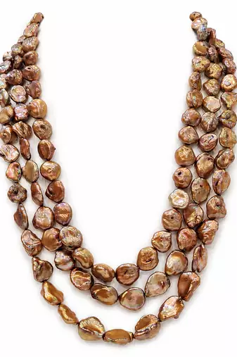 Brown baroque freshwater pearl 3-layer necklace and earring set keshi pearl beads, gold-tone hook earrings.