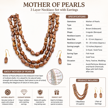 Brown baroque pearl 3-layer necklace and earrings jewellery set iridescent lustre, gold-tone hook earrings. 2
