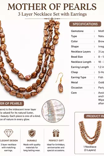Brown baroque pearl 3-layer necklace and earrings jewellery set iridescent lustre, gold-tone hook earrings.