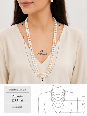 Double strand oval pearl necklace and earrings set, white long mala style, silver-tone clasp, stud earrings included. 2