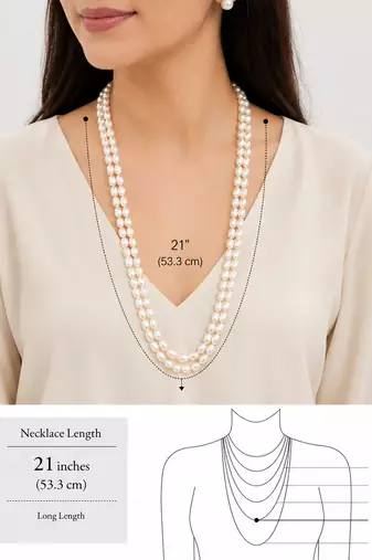 Double strand oval pearl necklace and earrings set, white long mala style, silver-tone clasp, stud earrings included.