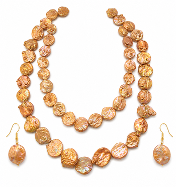 Freshwater coin pearl necklace set with earrings, peach gold double strand, baroque texture, iridescent lustre. 3