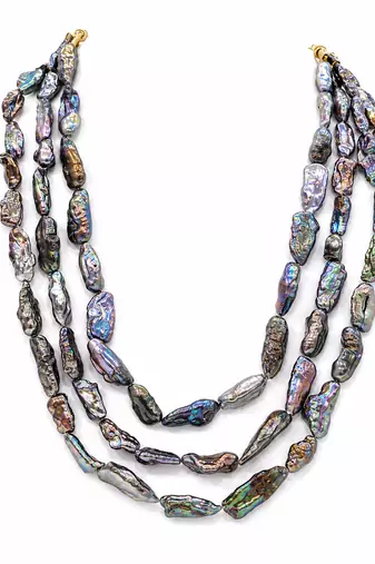 Baroque freshwater pearl 3-layer necklace and earrings set iridescent multicolour, baroque pearl drops.