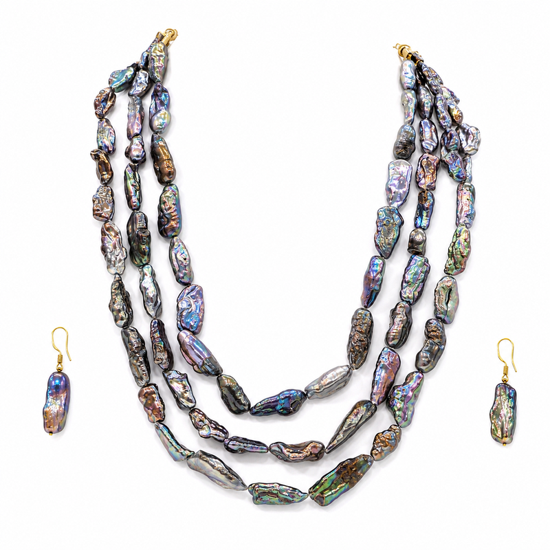 Baroque freshwater pearl 3-layer necklace and earrings set iridescent multicolour, baroque pearl drops.