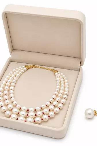 Pearl necklace and earring set, 3-layer with ruby beads gold-tone clasp, stud earrings included.