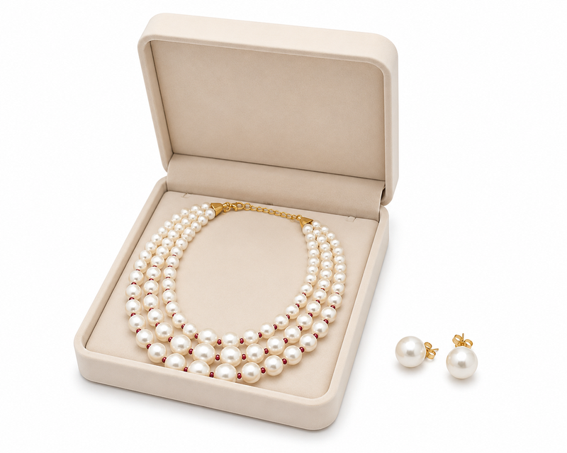 Pearl necklace and earring set, 3-layer with ruby beads gold-tone clasp, stud earrings included.