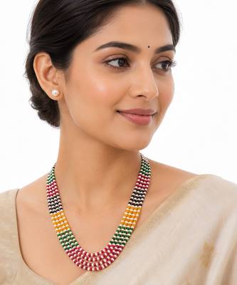 Multicolour pearl and gemstone beaded multi-strand necklace set with stud earrings, 5-layer strands. 2