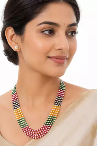 Multicolour pearl and gemstone beaded multi-strand necklace set with stud earrings, 5-layer strands.