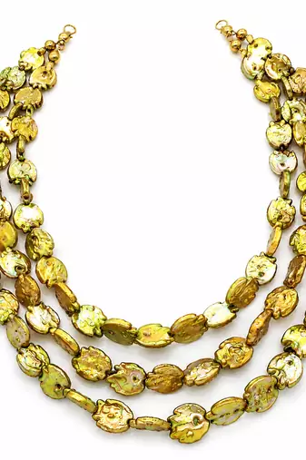 Multi-strand beaded necklace and earring set, gold-green  3-layer necklace, matching earrings.