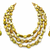 Multi-strand beaded necklace and earring set, gold-green  3-layer necklace, matching earrings.