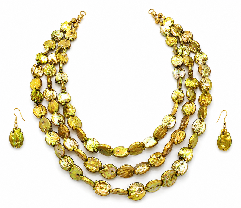 Multi-strand beaded necklace and earring set, gold-green  3-layer necklace, matching earrings.