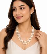 3-layer pearl necklace and earring set, white stud earrings included, gold-tone clasp, layered design.