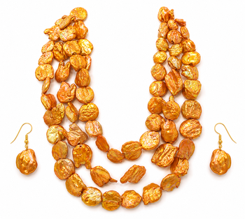 Orange baroque pearl 3-layer necklace and earrings jewellery set freshwater pearls, gold-tone hooks, iridescent finish 3