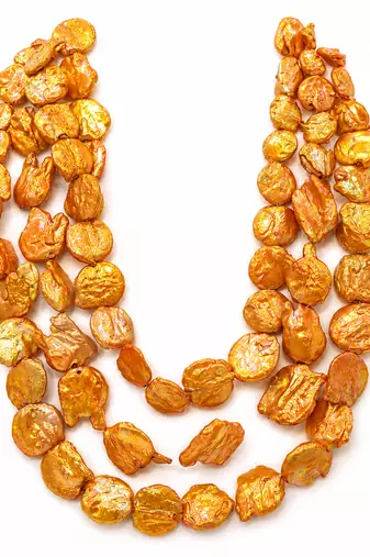 Orange baroque pearl 3-layer necklace and earrings jewellery set freshwater pearls, gold-tone hooks, iridescent finish