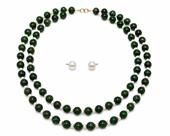 Green jade & pearl double strand necklace with stud earrings jewellery set. 3