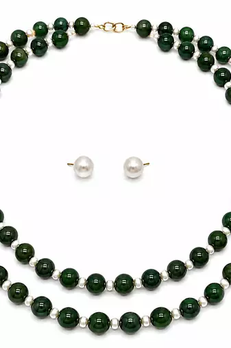 Green jade & pearl double strand necklace with stud earrings jewellery set.