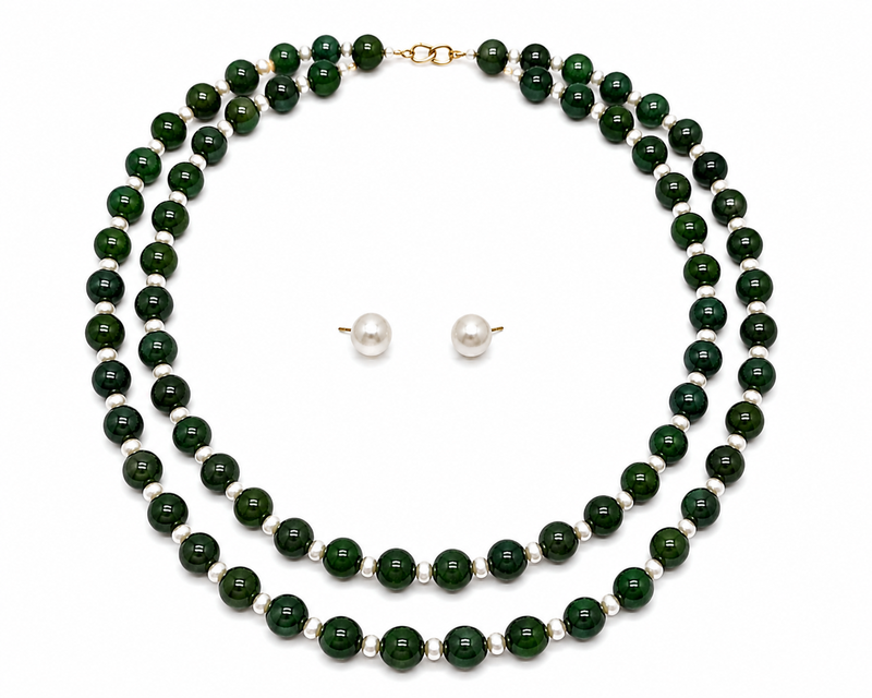 Green jade & pearl double strand necklace with stud earrings jewellery set.