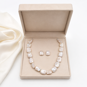 Baroque freshwater pearl necklace and earrings set, white irregular pearl shape, lustrous finish, stud. 2