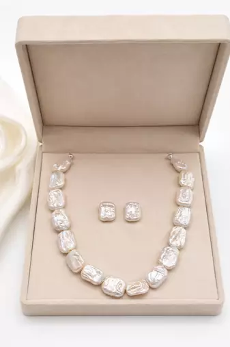 Baroque freshwater pearl necklace and earrings set, white irregular pearl shape, lustrous finish, stud.