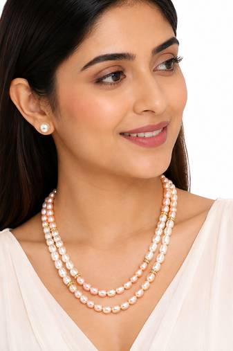 Double strand pearl necklace set with stud earrings, pink & white gold-tone spacers, oval pearl beads.