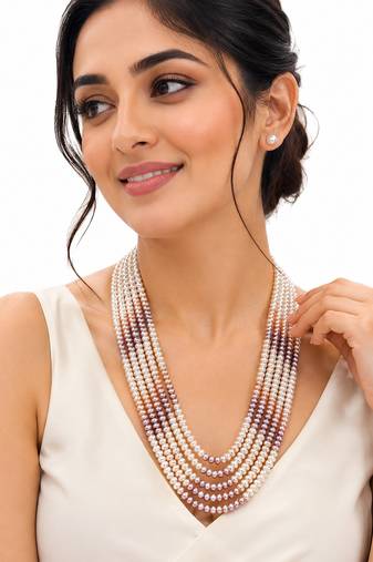 Multi-strand pearl necklace set with stud earrings, multicolour 7 layers, white & mauve tones, freshwater.