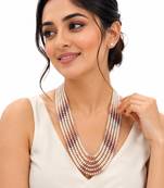 Multi-strand pearl necklace set with stud earrings, multicolour 7 layers, white & mauve tones, freshwater.