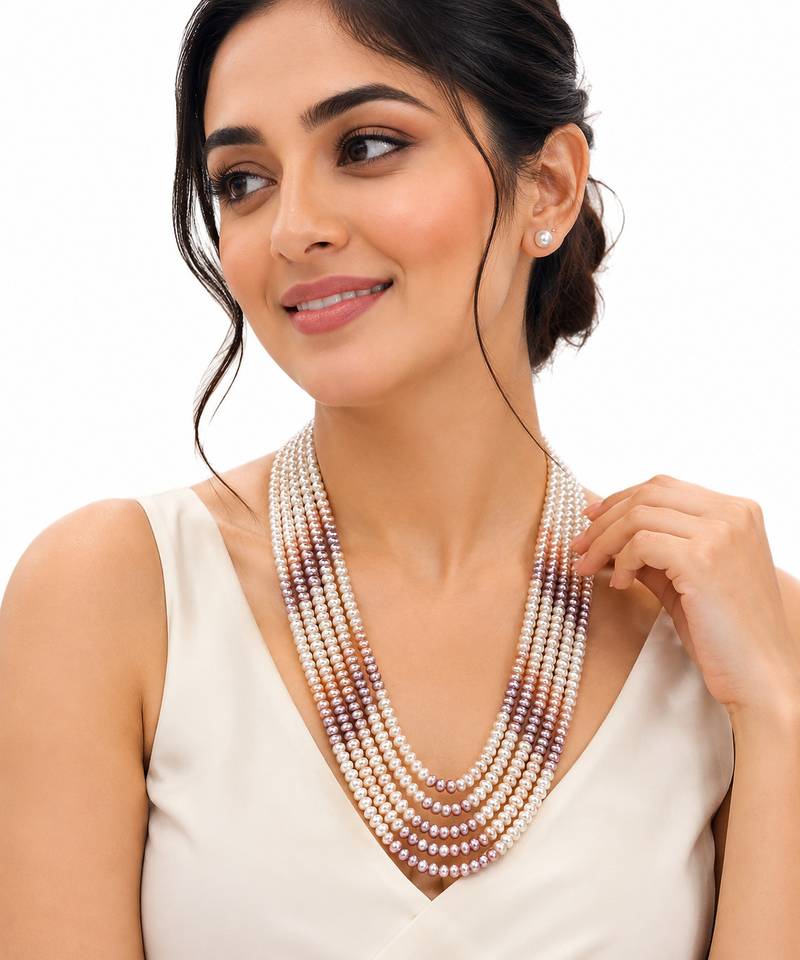 Multi-strand pearl necklace set with stud earrings, multicolour 7 layers, white & mauve tones, freshwater.