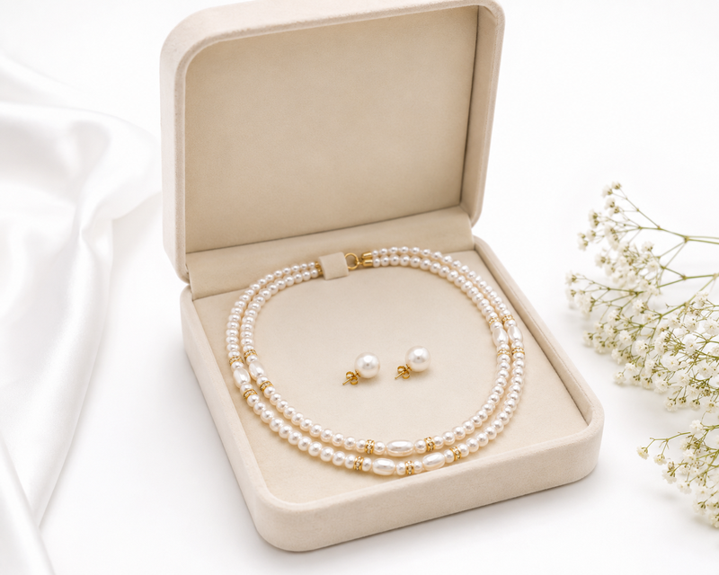 Double strand pearl necklace set with stud earrings, white gold-tone accents, oval & round pearls.