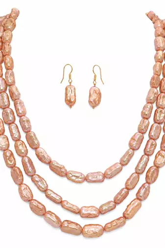 Pink baroque pearl 3-layer necklace and earrings jewellery set freshwater pearls, gold-tone hooks, iridescent lustre.