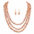Pink baroque pearl 3-layer necklace and earrings jewellery set freshwater pearls, gold-tone hooks, iridescent lustre.