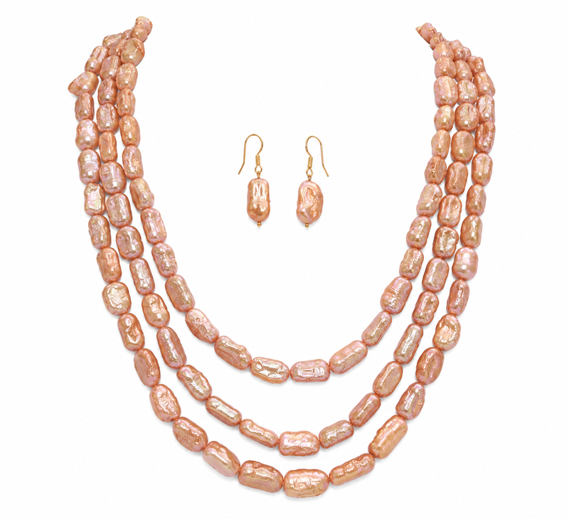 Pink baroque pearl 3-layer necklace and earrings jewellery set freshwater pearls, gold-tone hooks, iridescent lustre.