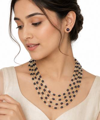 Black freshwater pearl & citrine bead multi-strand necklace set with stud earrings. 1
