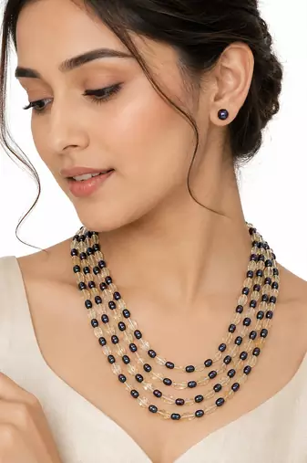 Black freshwater pearl & citrine bead multi-strand necklace set with stud earrings.