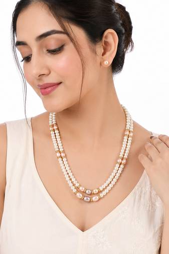 Double strand pearl necklace set with gold-tone spacers includes stud earrings, multi-colour pearls, oval & round beads.