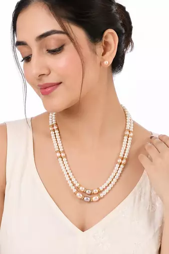 Double strand pearl necklace set with gold-tone spacers includes stud earrings, multi-colour pearls, oval & round beads.
