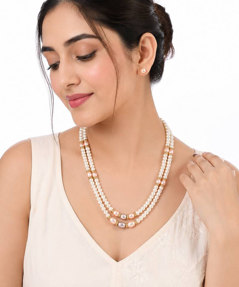 Double strand pearl necklace set with gold-tone spacers includes stud earrings, multi-colour pearls, oval & round beads.