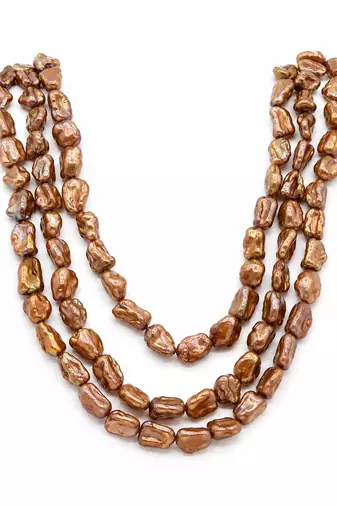 Brown baroque pearl 3-layer necklace and earrings jewellery set iridescent lustre, gold-tone hook earrings.