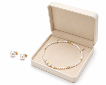 Pearl necklace and earring set with gold-tone crystal rings stud earrings included, crystal rondelle accents. 2