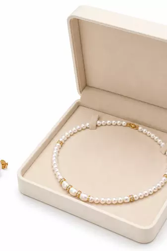 Pearl necklace and earring set with gold-tone crystal rings stud earrings included, crystal rondelle accents.
