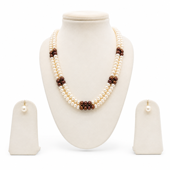 Double strand white and brown pearl necklace set with earrings 2-layer design, matching earrings, ethnic wear. 2
