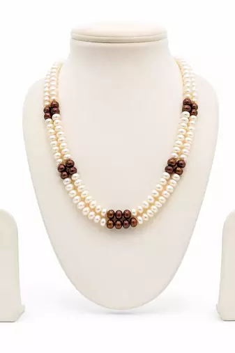 Double strand white and brown pearl necklace set with earrings 2-layer design, matching earrings, ethnic wear.