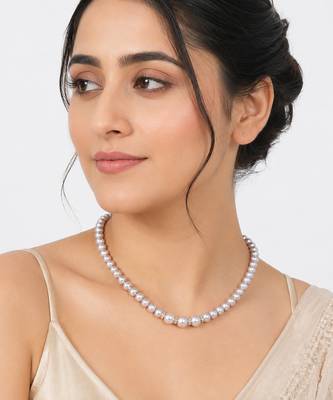 Pearl strand necklace with crystal rondelle spacers, lavender magnetic clasp, graduated pearls. 2