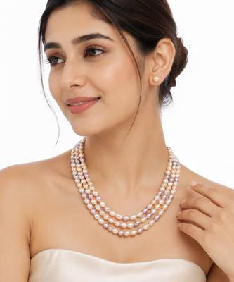 Freshwater pearl 3-layer necklace and stud earrings jewellery set multi-colour pearls, oval rice shape. 1