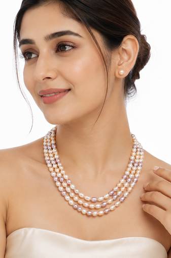 Freshwater pearl 3-layer necklace and stud earrings jewellery set multi-colour pearls, oval rice shape.