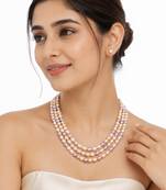 Freshwater pearl 3-layer necklace and stud earrings jewellery set multi-colour pearls, oval rice shape.